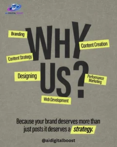 Promotional graphic for AI Digital Boost featuring the text "WHY US?" surrounded by services like Branding, Content Strategy, Designing, Web Development, Content Creation, and Performance Marketing, with the tag "Because your brand deserves more than just posts it deserves a strategy."