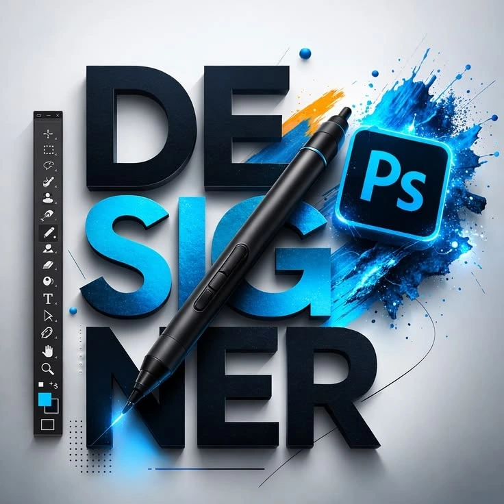 3D graphic with bold text DESIGNER featuring a stylus pen and Photoshop logo with blue paint splash