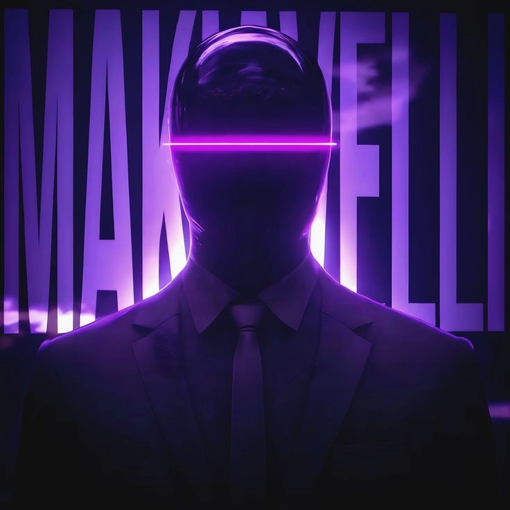 A futuristic silhouette of a man in a suit with a glowing purple visor and neon lighting behind the text MAKEWELL.