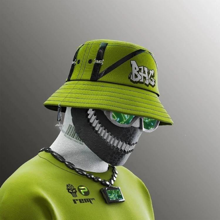 3D avatar wearing a lime green bucket hat, ski mask, and sunglasses