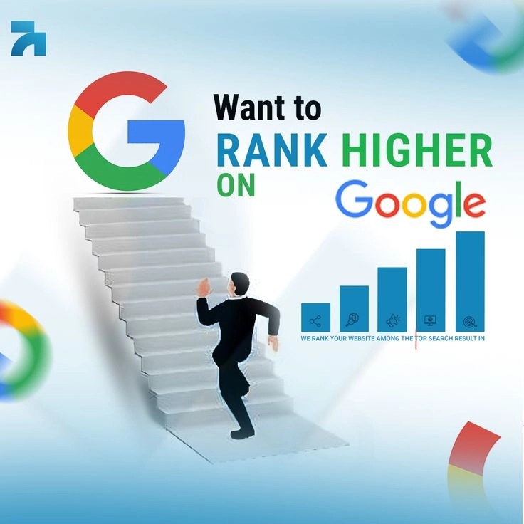 A person in a suit climbing stairs toward a Google logo next to a rising growth bar chart, representing website ranking improvement.