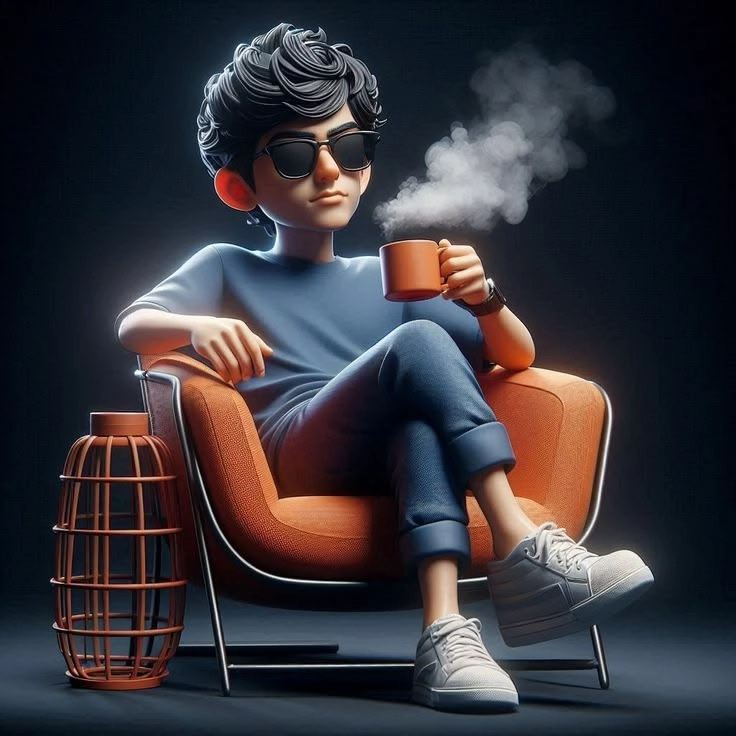 A 3D animated digital marketing specialist wearing sunglasses and holding a coffee cup while relaxing in a chair.