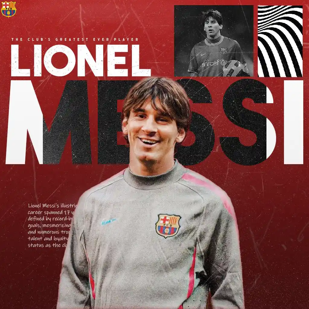 Graphic of Lionel Messi in an FC Barcelona jersey with text highlighting his career achievements and legend status.