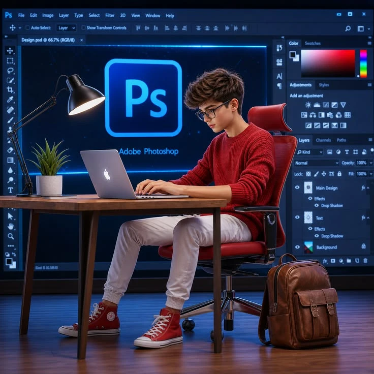 3D character sitting at a wooden desk editing a project on a laptop with Adobe Photoshop running on a large screen in the background