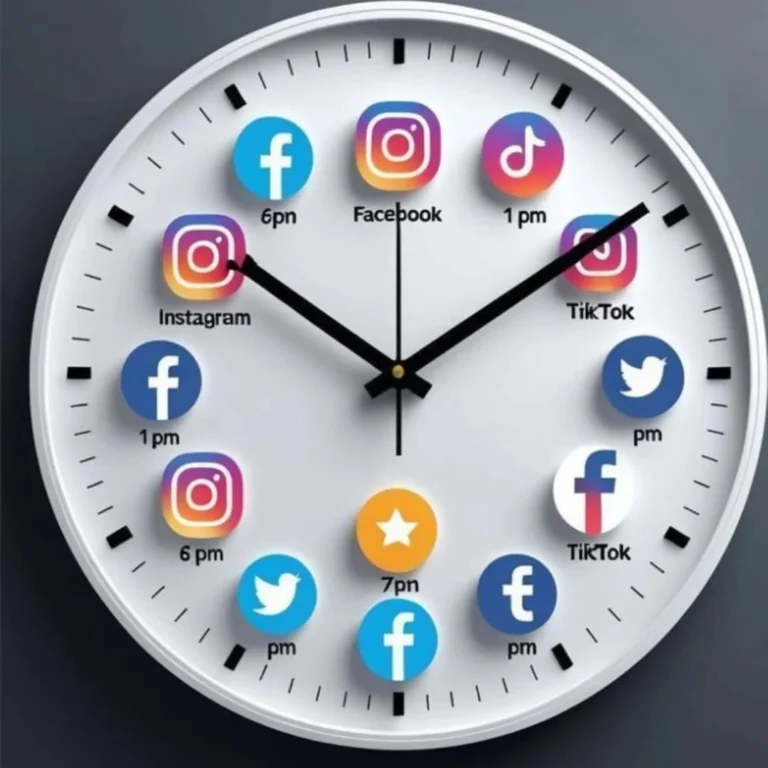A wall clock face with social media app icons like Facebook, Instagram, and TikTok placed at different times to represent optimal posting schedules.